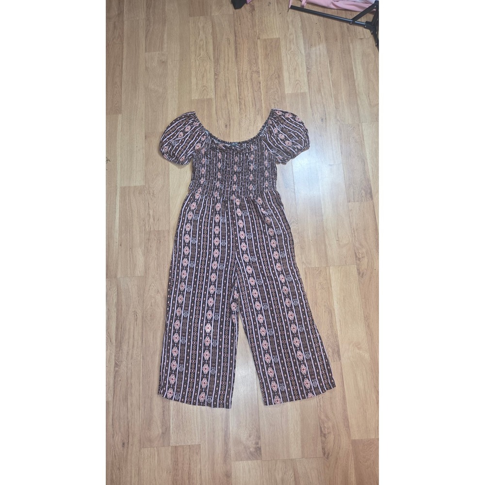 Lily Rose Womens Brown Pink Boho Geometric Stripe Smocked Wide Leg Jumpsuit L
